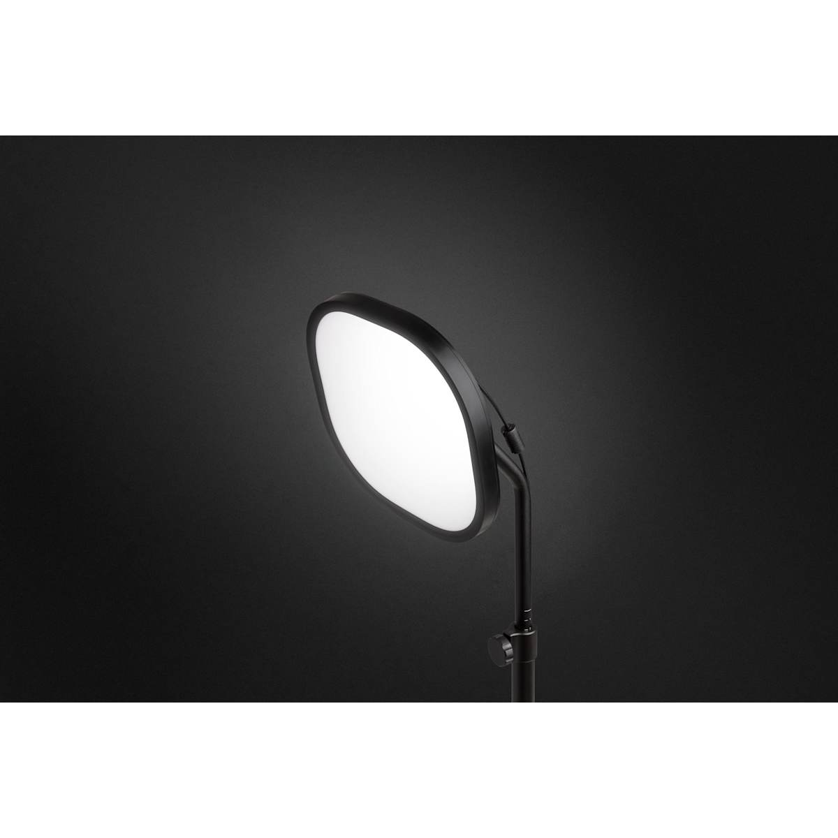 Elgato Key Light Air edge-lit LED panel glowing on a black telescoping desk stand with matte black frame