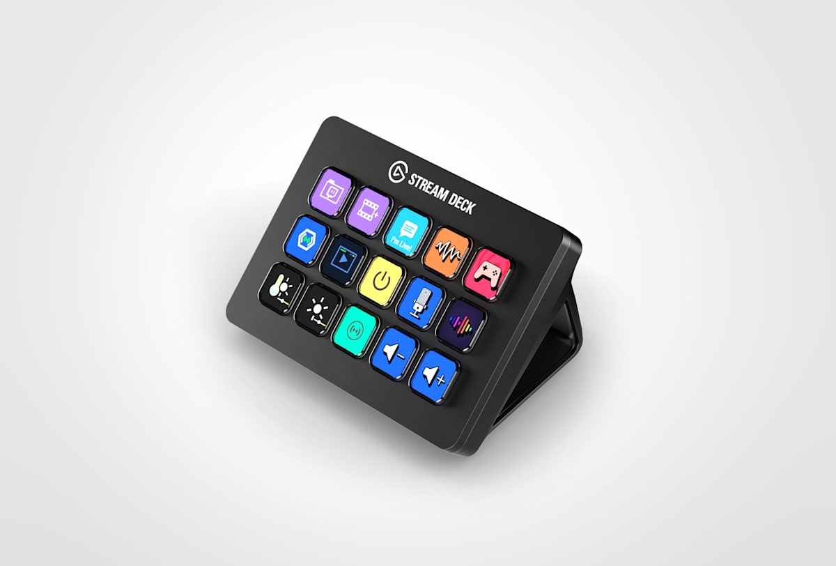 Elgato Stream Deck MK.2 black studio controller with 15 illuminated LCD keys on a magnetic desktop stand