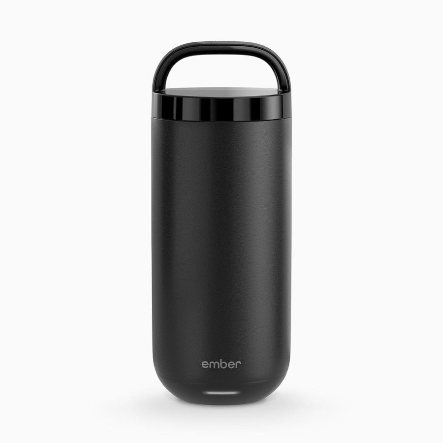 Ember Tumbler black 16oz stainless steel temperature-control travel mug with a carry handle on a white background
