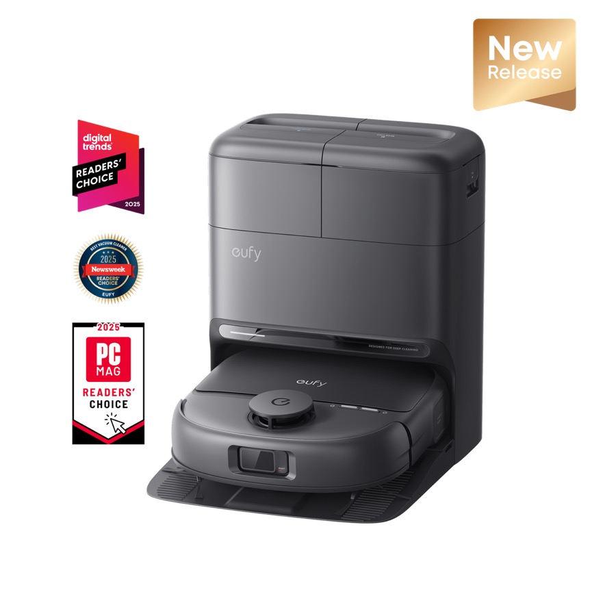 eufy Robot Vacuum Omni C28 in black docked at its tall all-in-one auto-empty station on a white background