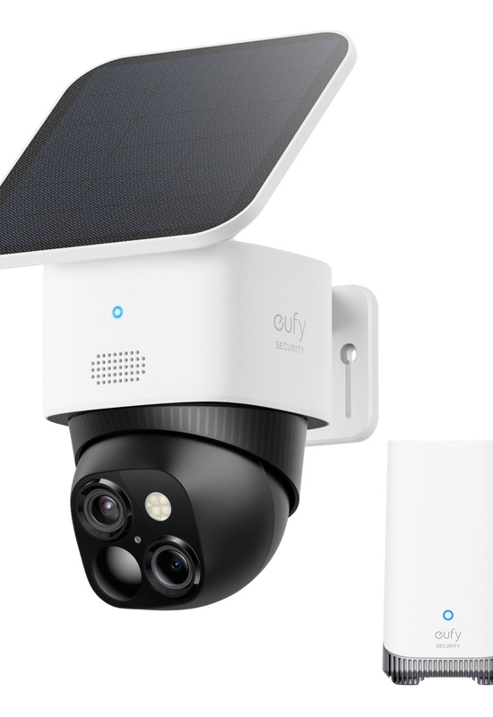eufy Security SoloCam S340 solar-powered PTZ camera with dual lens system and integrated solar panel