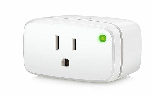 Eve Energy Matter smart plug, white rounded body with US three-prong outlet and green LED status button