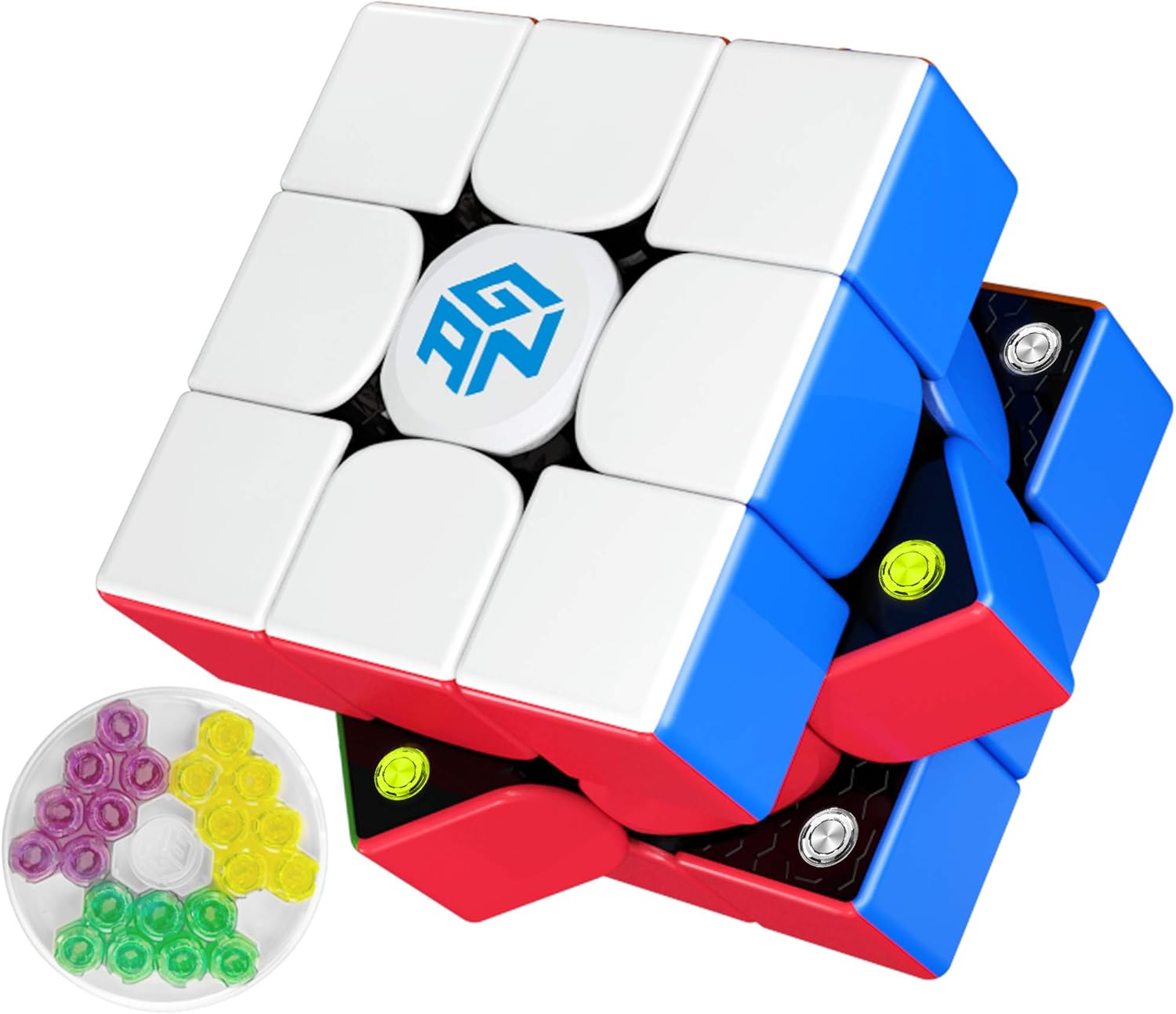 GAN 356 M stickerless magnetic 3x3 speed cube with GAN logo center cap and a tray of colored GES tuning springs