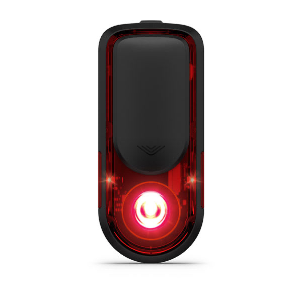 Garmin Varia RearVue 820 rearview cycling radar and tail light mounted on a bike seatpost, showing the red LED and radar housing