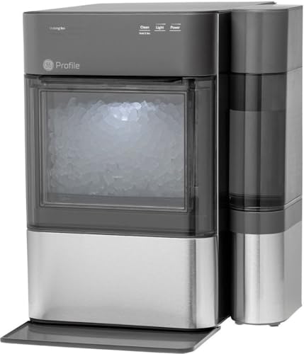 GE Profile Opal 2.0 stainless steel countertop nugget ice maker with attached 0.75-gallon side water tank and ice scoop