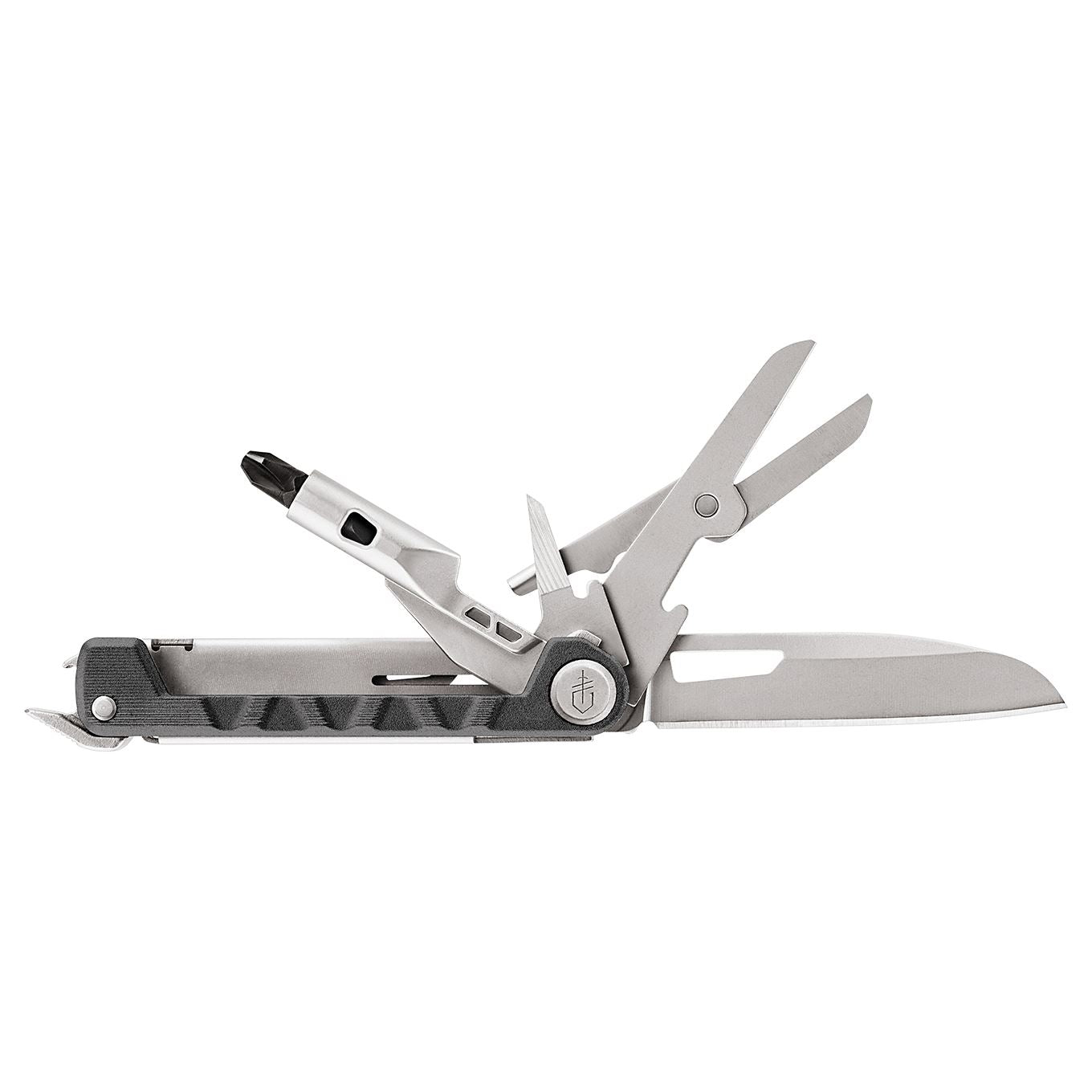 Gerber Armbar Drive Onyx multitool with black handle, folding blade, and long bit driver