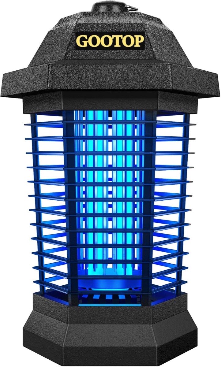 Black lantern-style GOOTOP bug zapper with a glowing blue UV tube behind a caged high-voltage grid and a top hanging hook