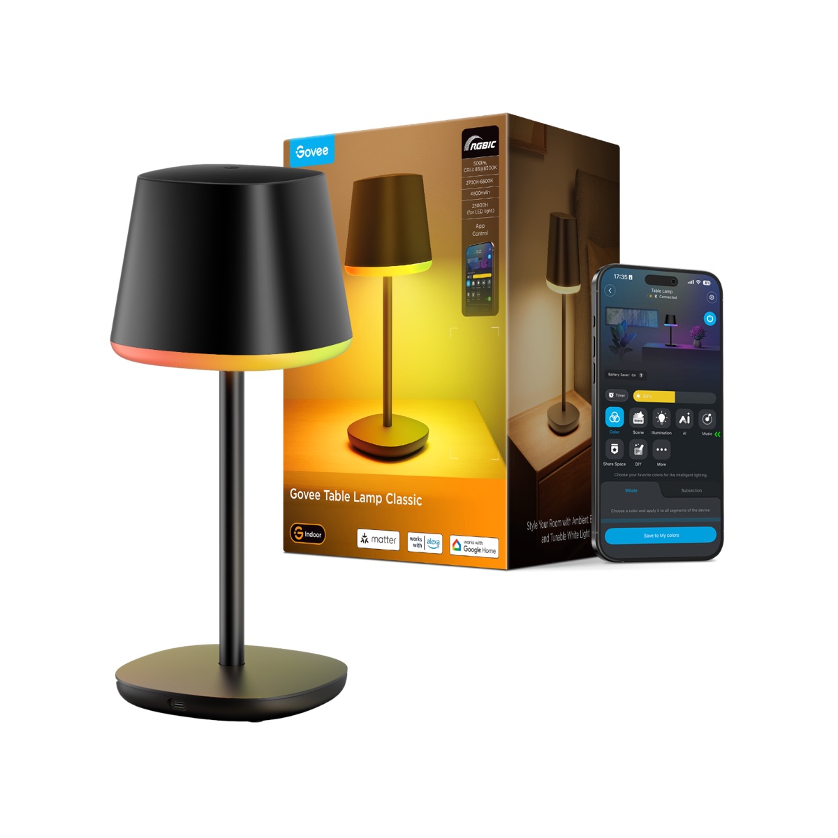 Govee Table Lamp Classic cordless RGBICWW smart table lamp in matte black with retail box and app screen