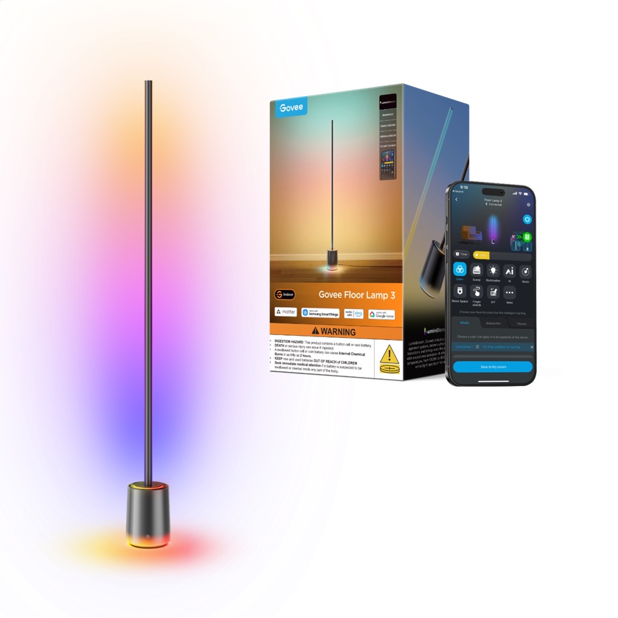 Govee Floor Lamp 3 smart standing lamp with illuminated dual-ring base glowing in color
