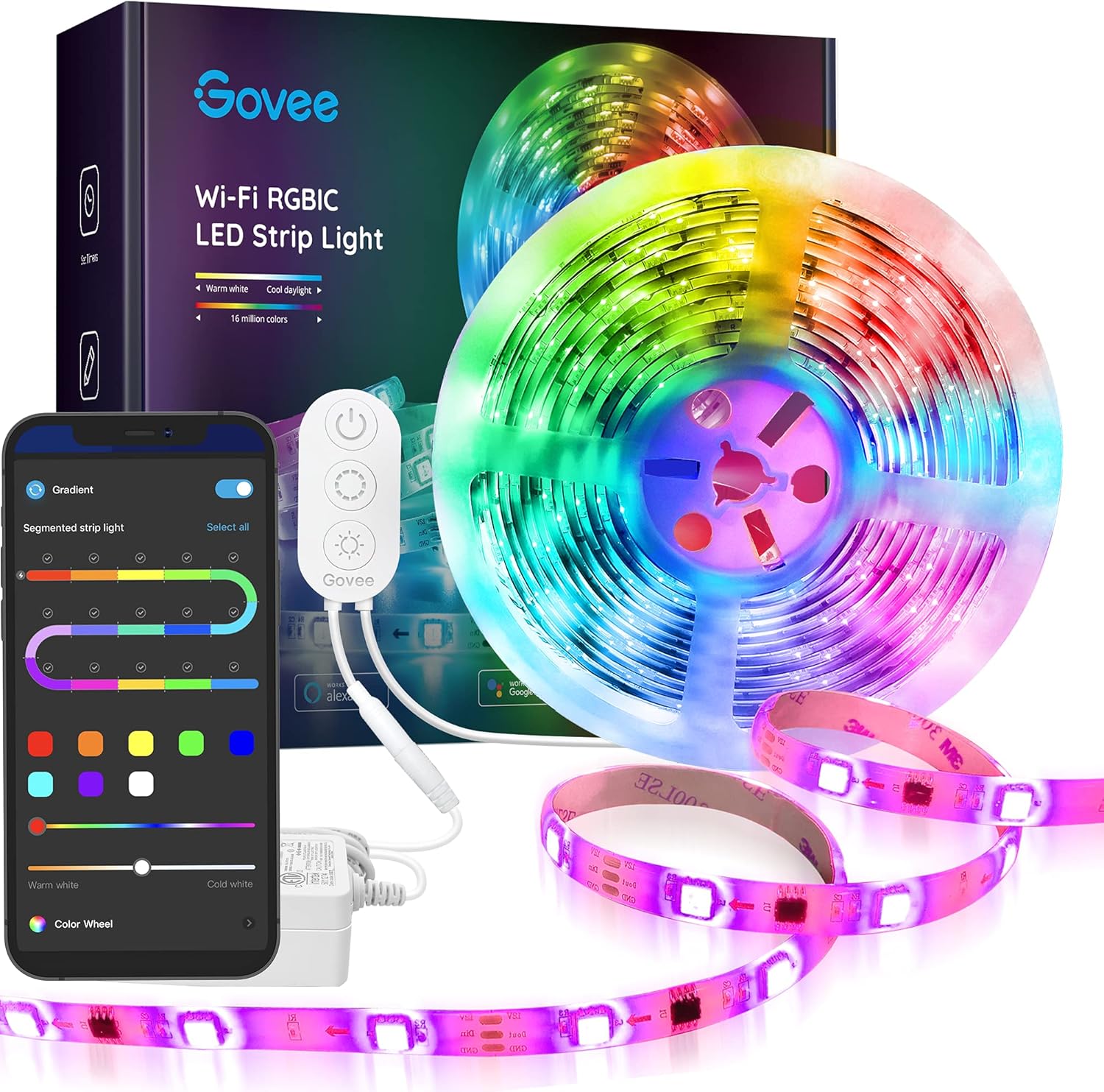 Govee RGBIC WiFi LED strip light reel with rainbow colors, inline controller, power adapter, and Govee Home app on smartphone