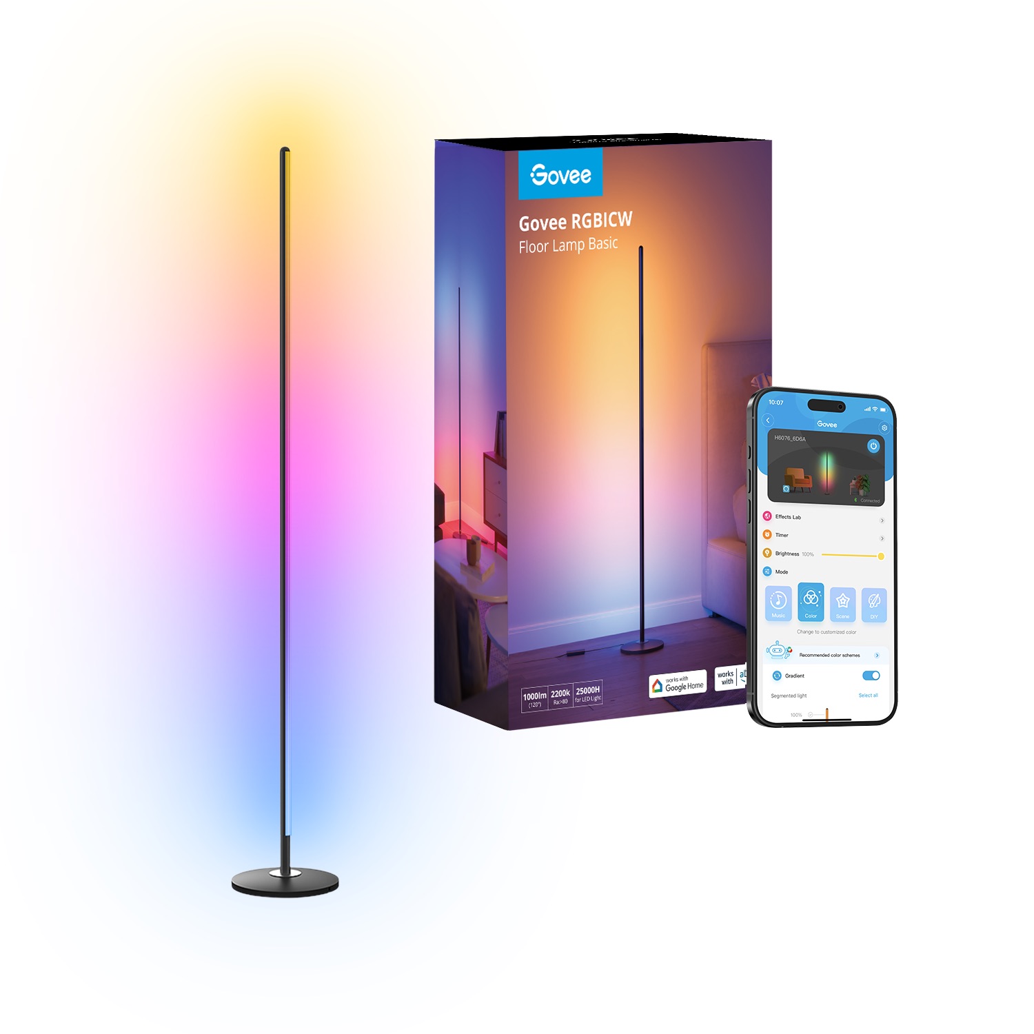 Govee RGBICW Smart Floor Lamp Basic H6076 slim corner lamp with multicolor RGBIC LED segments glowing in black aluminum housing