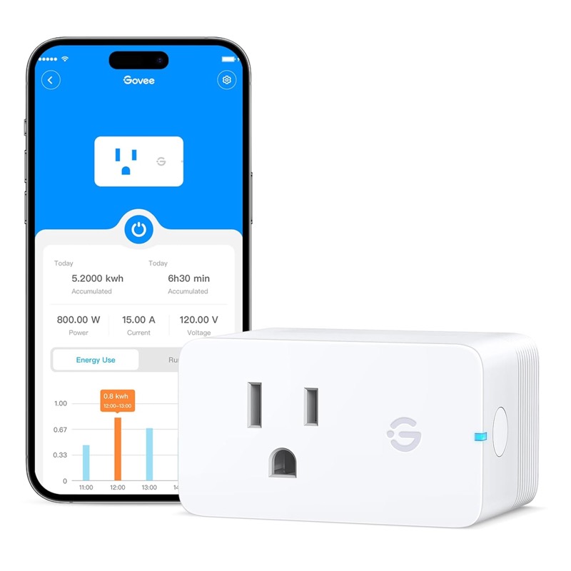 Govee white single-outlet WiFi smart plug beside a phone showing the Govee Home app energy monitoring screen with power, current, and voltage readings