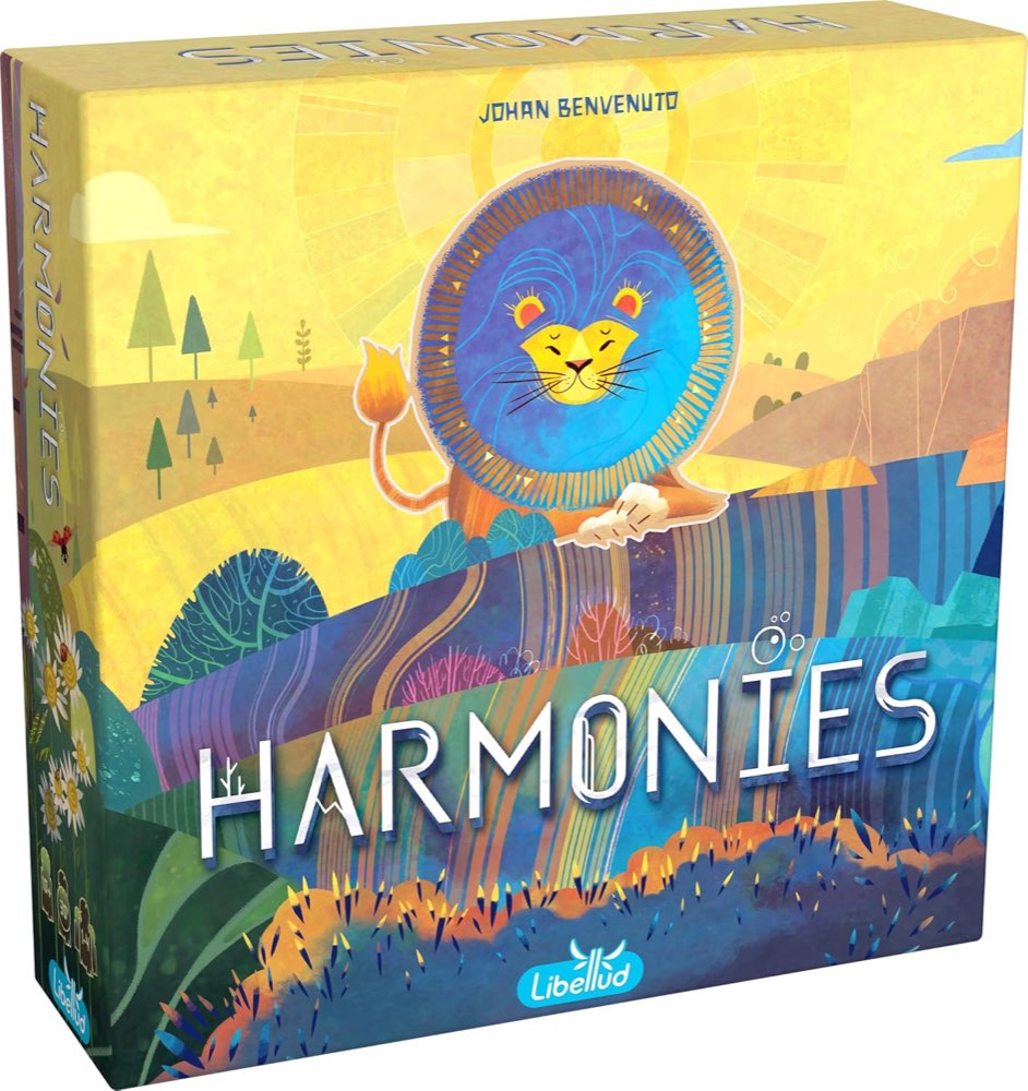 Harmonies board game box by Libellud showing a colorful landscape of stacked wooden tokens forming animal habitats
