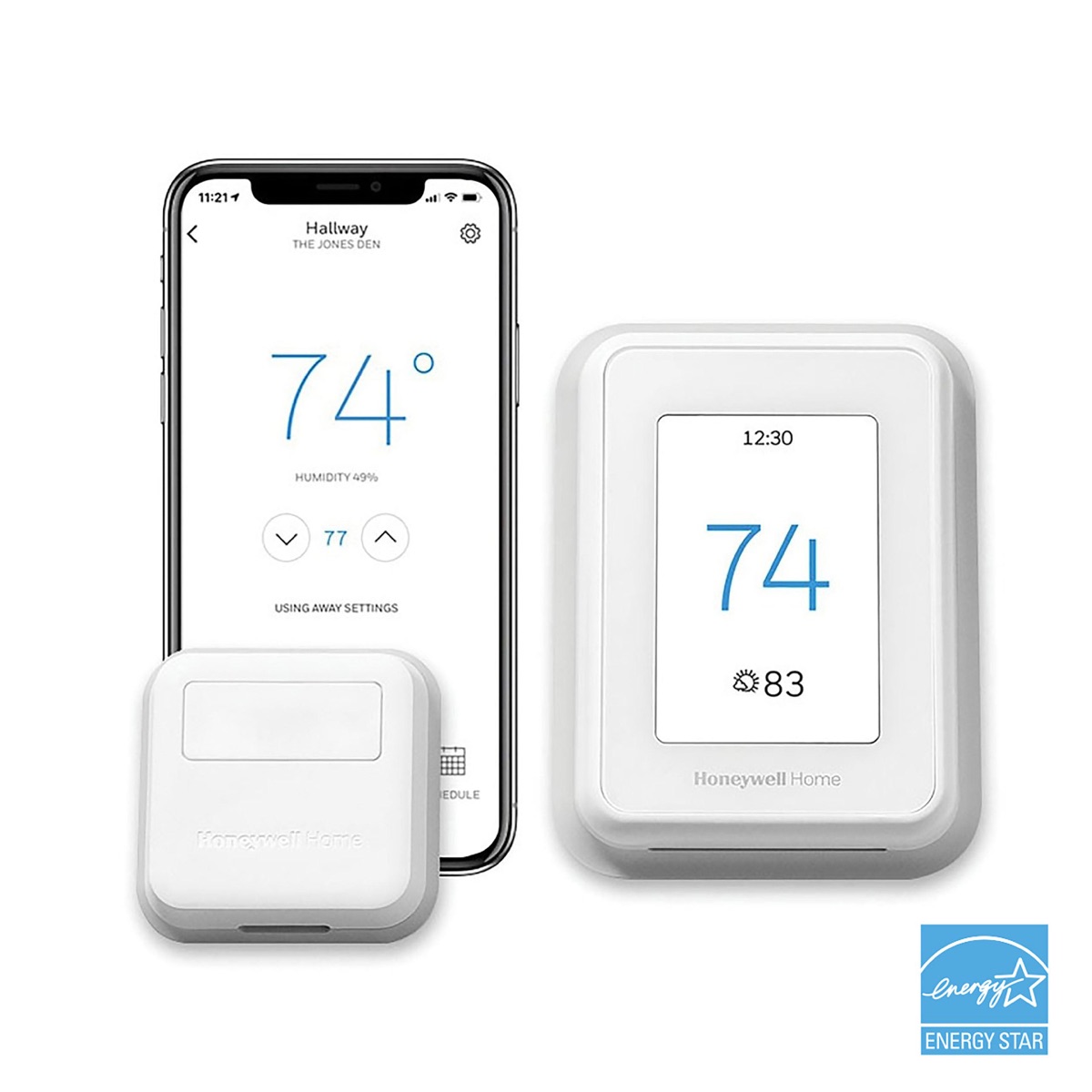 Honeywell Home T9 WiFi smart thermostat with white rounded rectangular body and color touchscreen display showing temperature