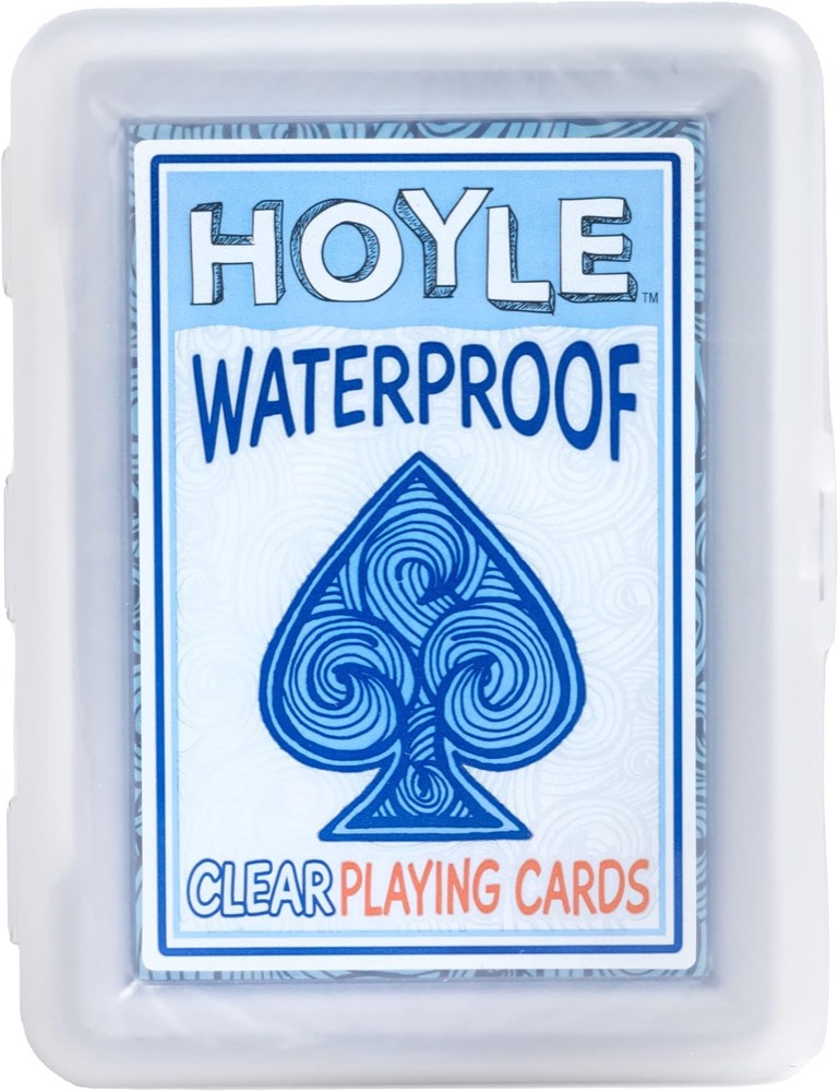 Hoyle Waterproof clear plastic playing cards deck with blue spade design in its clear storage case