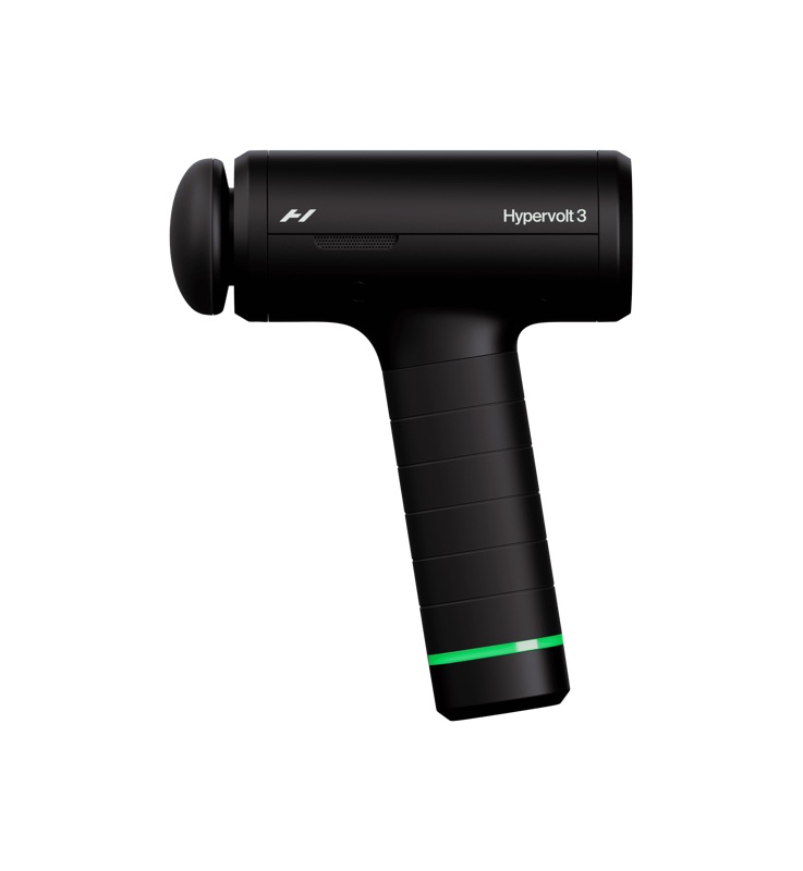 Hyperice Hypervolt 3 handheld percussion massage gun with pill-shaped slanted matte-black handle and round attachment head