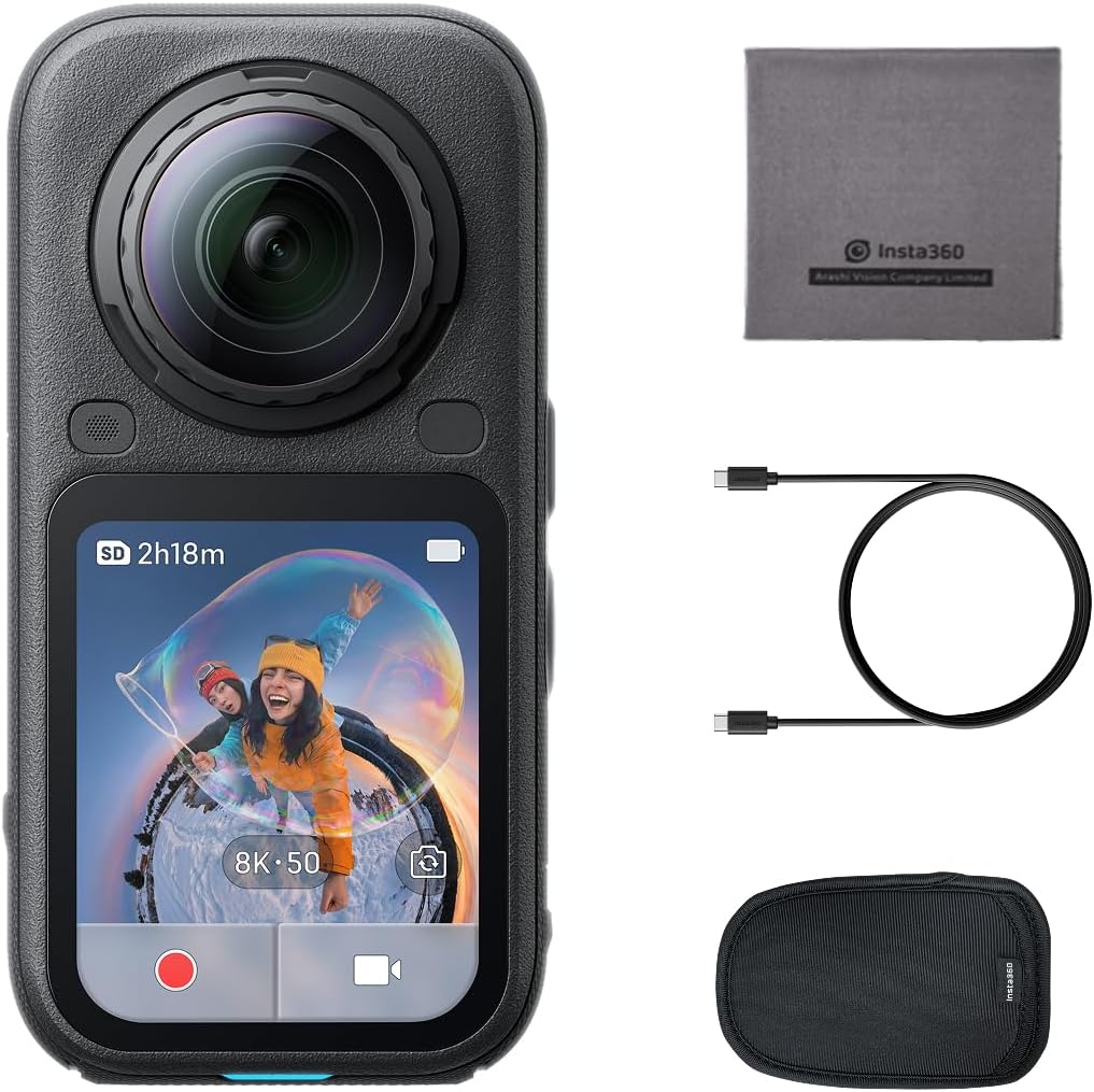 Insta360 X6 camera beside the lens cloth, USB-C cable and protective pouch that ship in the box with it