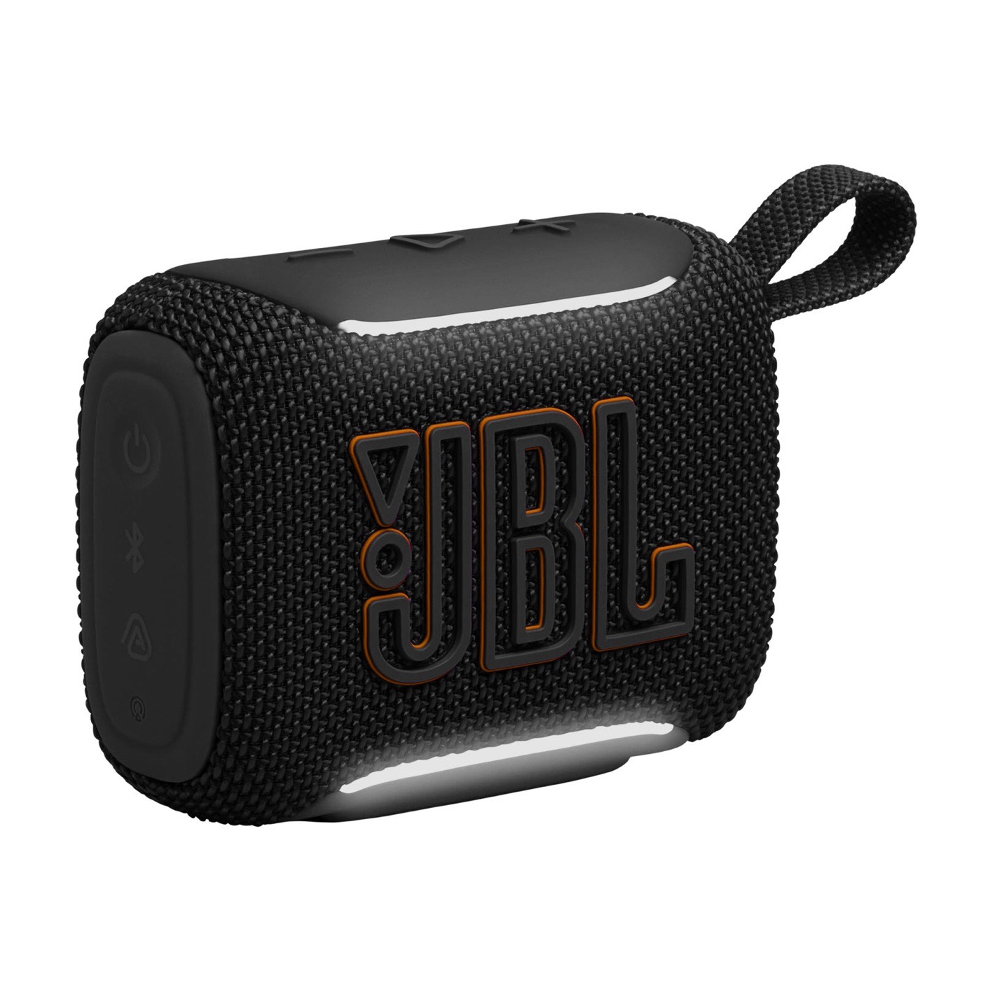 JBL Go 5 black IP68 portable Bluetooth speaker with illuminated edge and integrated carry loop