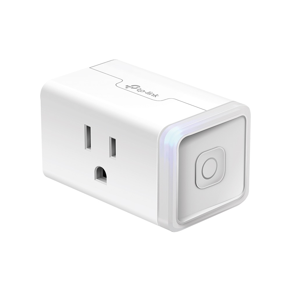 Kasa KP125M compact white Matter smart plug with LED indicator ring and single control button, US three-prong outlet passthrough