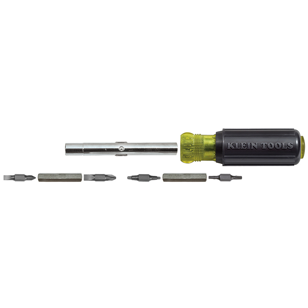 Klein Tools 32500 11-in-1 screwdriver and nut driver with black and yellow Cushion-Grip handle and interchangeable bits