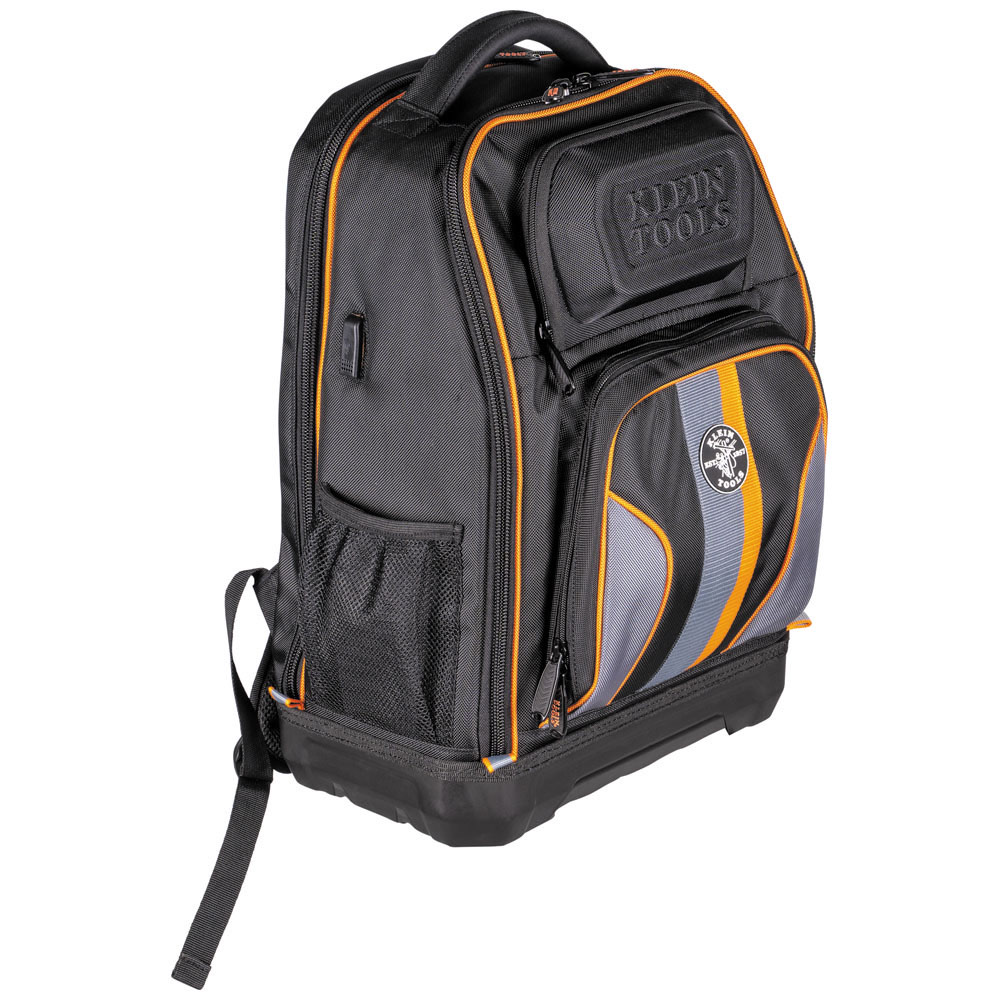 Klein Tools 62805BPTECH XL tech tool backpack with black ballistic nylon body, molded base, and orange-accented compartments