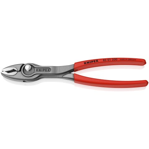 KNIPEX TwinGrip 82 01 200 front and side gripping pliers with red non-slip handles and slim black serrated jaws
