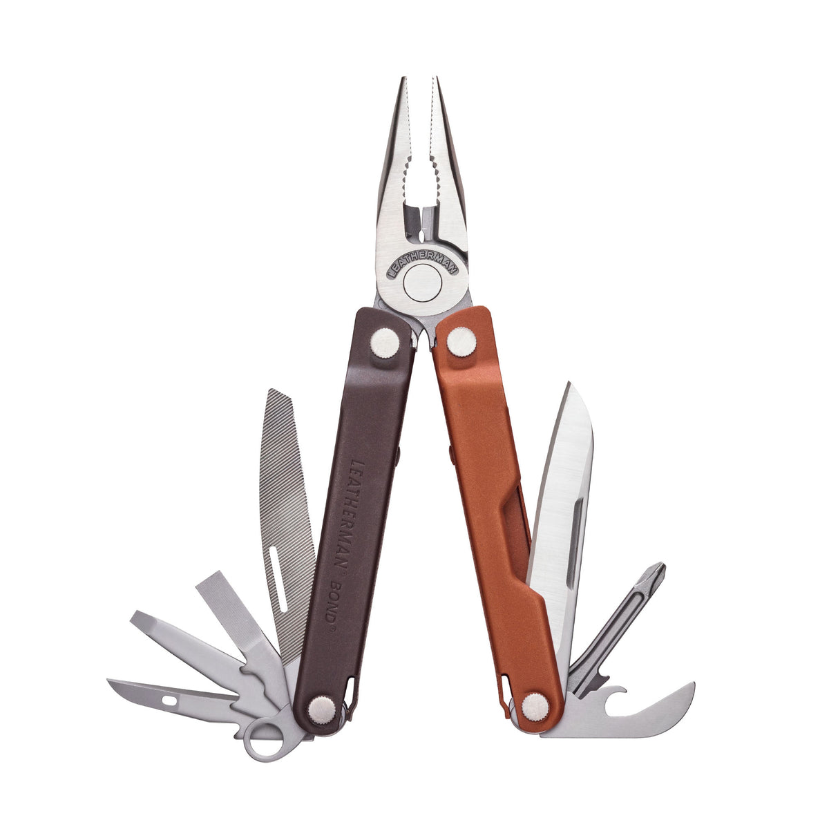 Leatherman Bond multi-tool in burnt sienna finish with stainless steel tools fanned open