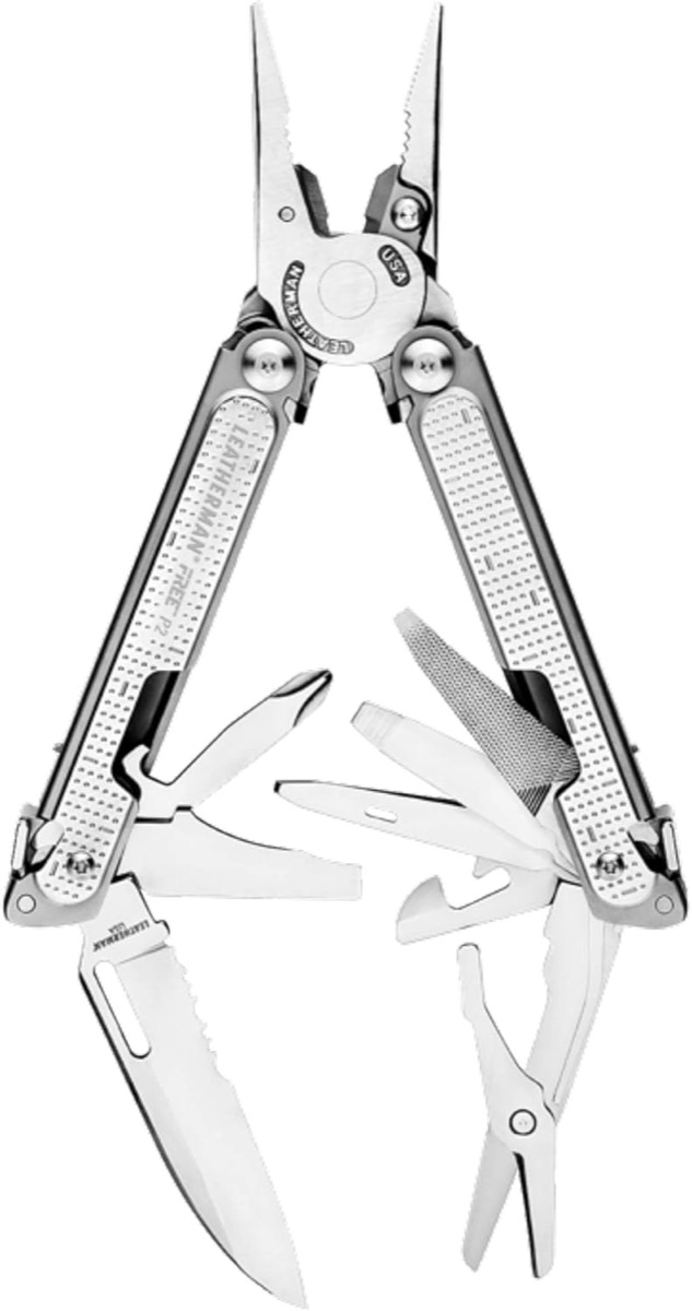 Leatherman Free P2 stainless steel multi-tool fully opened showing needlenose pliers, knife, scissors, and screwdrivers fanned out