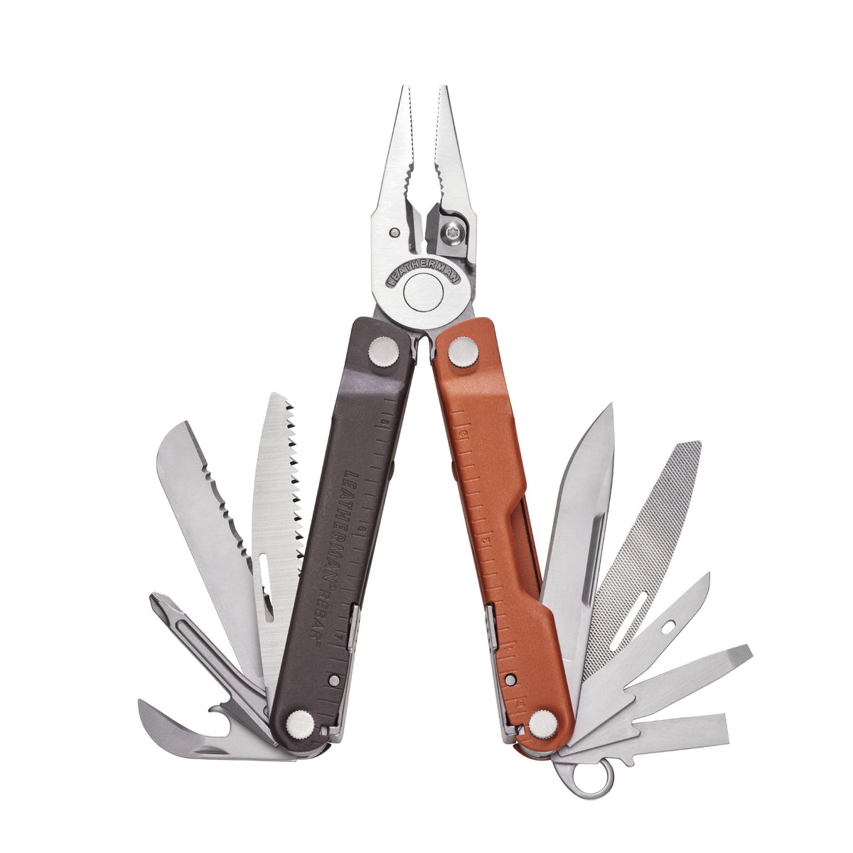 Leatherman Rebar 17-tool stainless steel multitool with plier head and folded handles on a white background