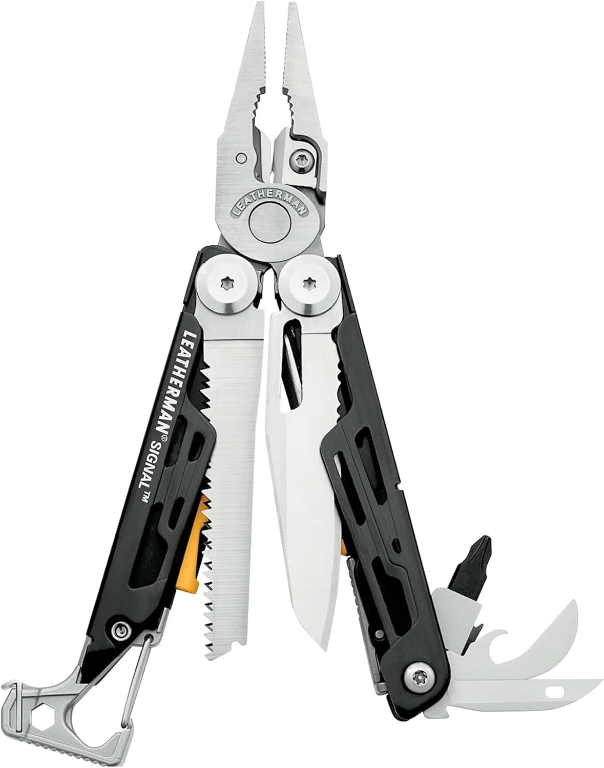 Leatherman Signal outdoor multi-tool with pliers, combo blade, saw, and survival tools on a clean white background
