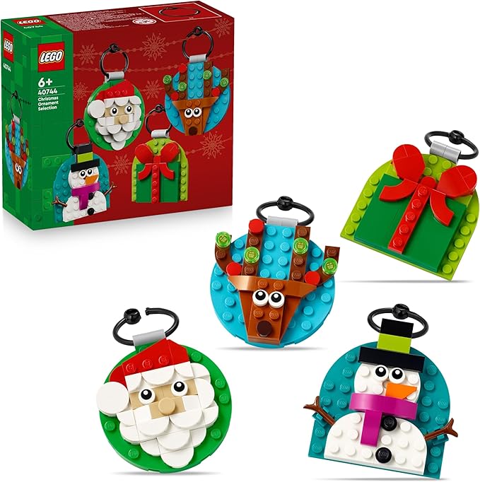 LEGO 40744 Christmas Ornament Selection box with four buildable holiday decorations including Santa, reindeer, snowman, and gift