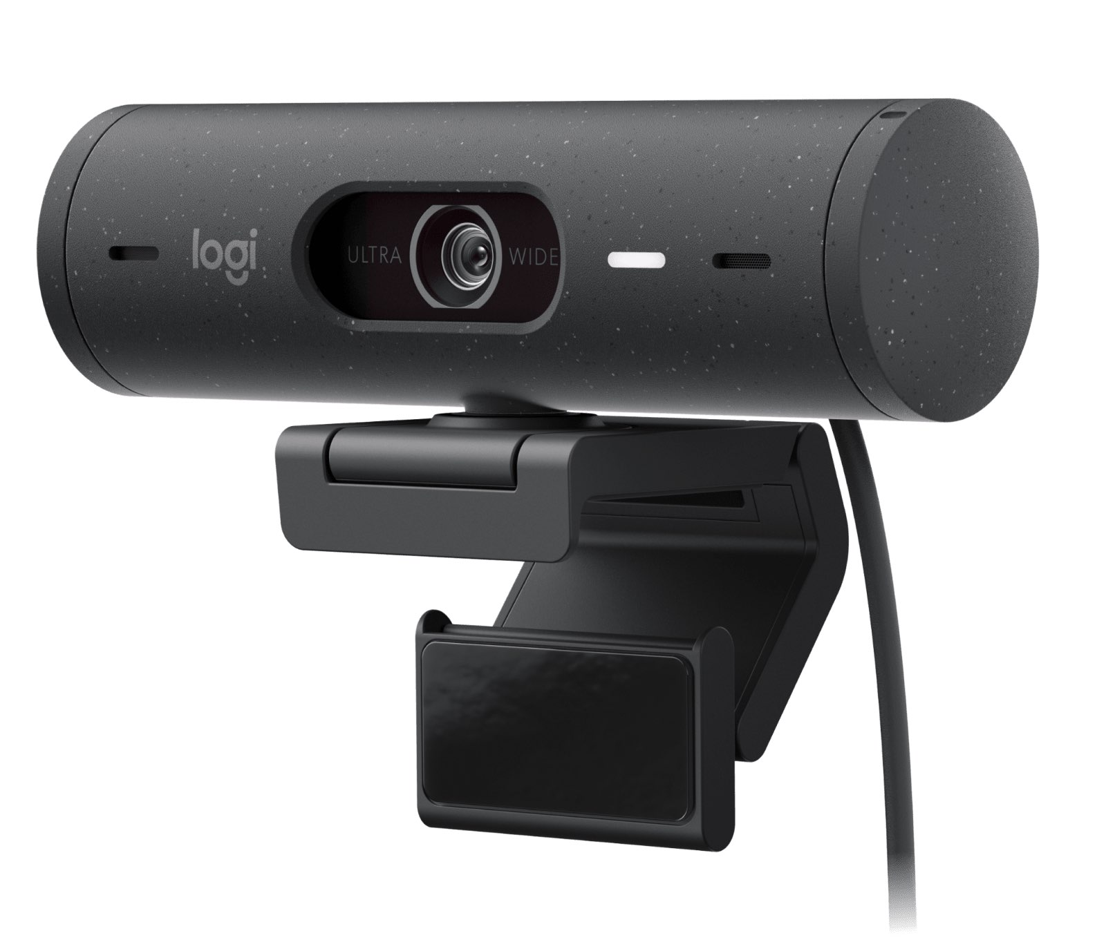 Logitech Brio 505 Graphite business webcam with rounded body, monitor mount, and integrated privacy shutter
