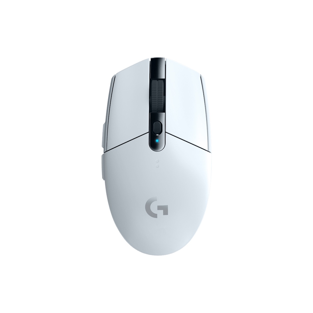 Logitech G305 LIGHTSPEED wireless gaming mouse in white with compact design and textured scroll wheel