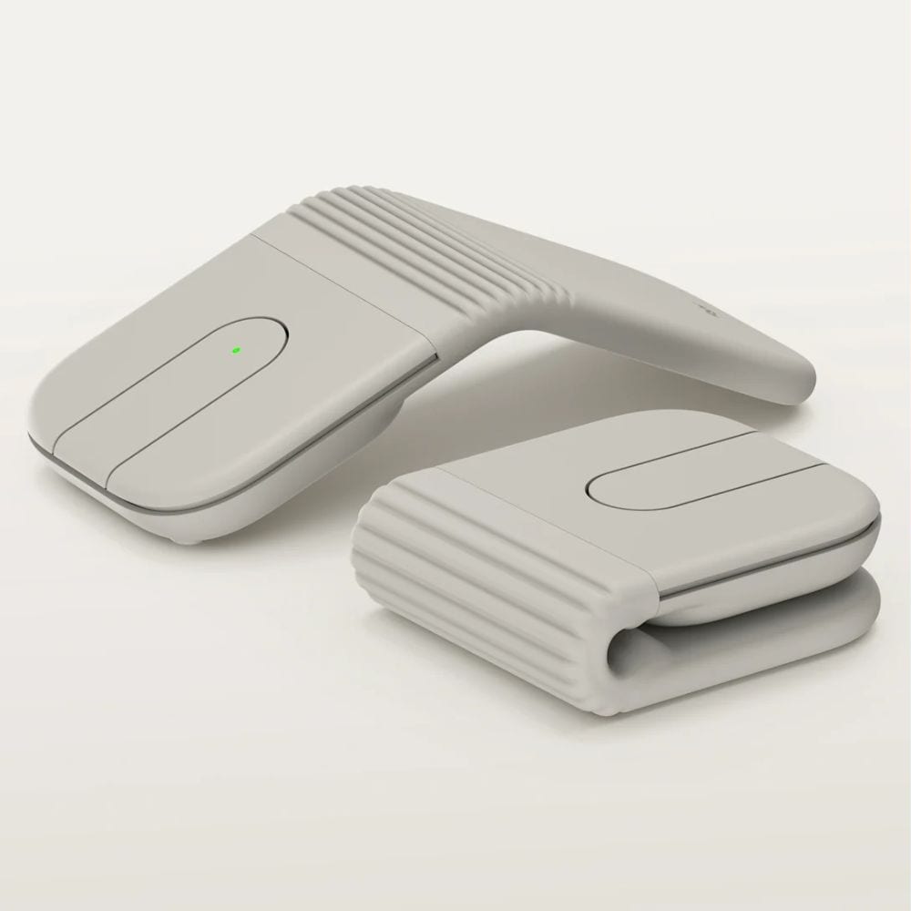 Logitech Mobi Fold foldable wireless mouse shown open and folded flat