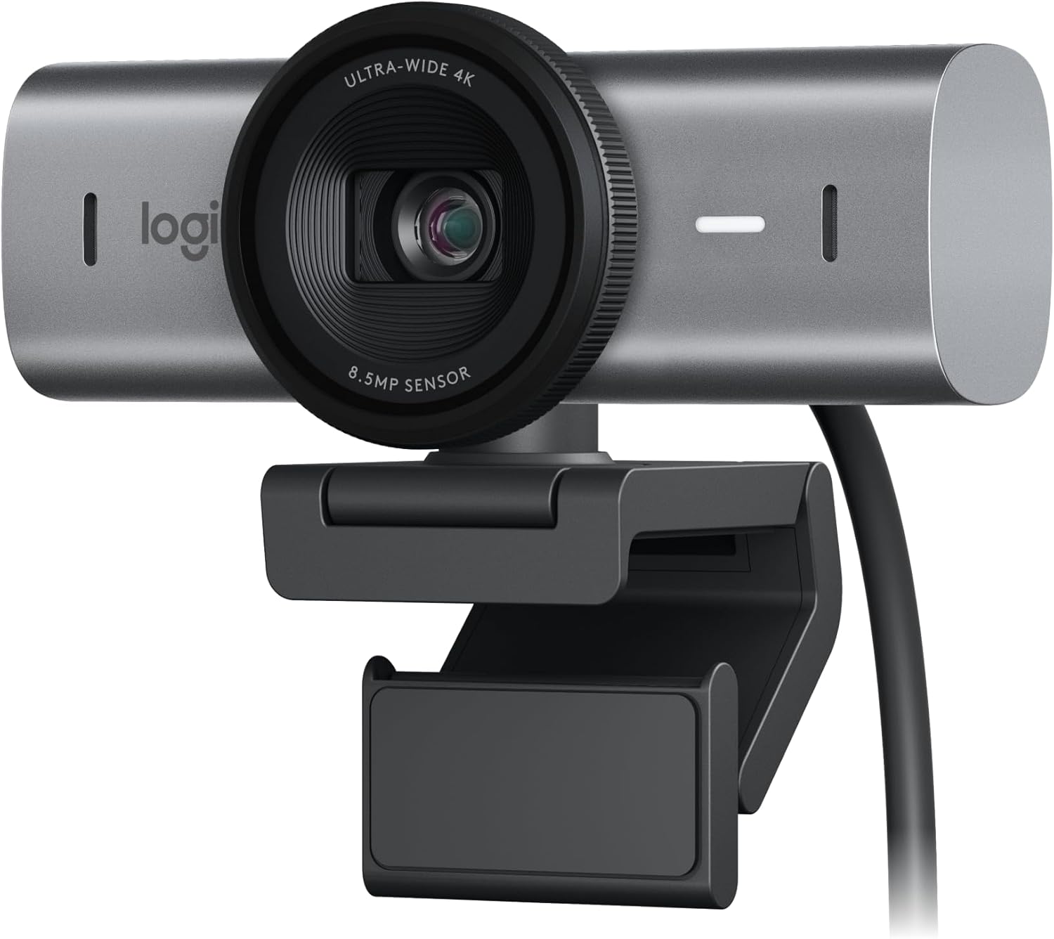 Logitech MX Brio 4K webcam with graphite aluminum body, integrated privacy shutter, and USB-C cable