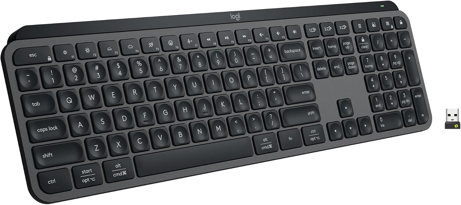 Logitech MX Keys S low-profile wireless keyboard in graphite with spherically-dished backlit keys and included Logi Bolt USB receiver