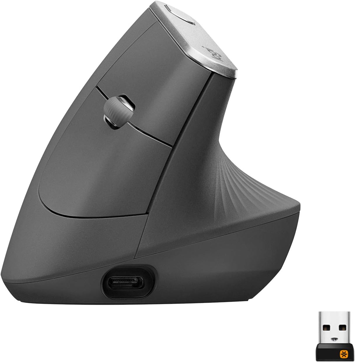 Logitech MX Vertical wireless ergonomic mouse with graphite finish, 57-degree vertical handshake design, side scroll wheel, and thumb rest