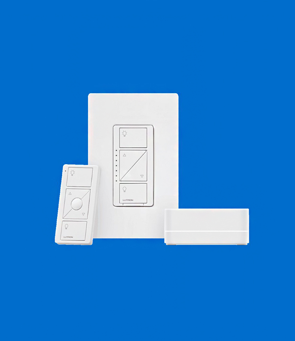 Lutron Caseta Original smart dimmer switch with white wallplate, Pico three-button remote, and white Smart Bridge hub on a blue background