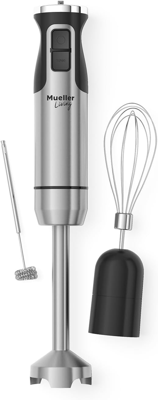 Mueller Ultra-Stick 500W immersion hand blender with brushed stainless steel body, plus whisk and milk frother attachments on a white background