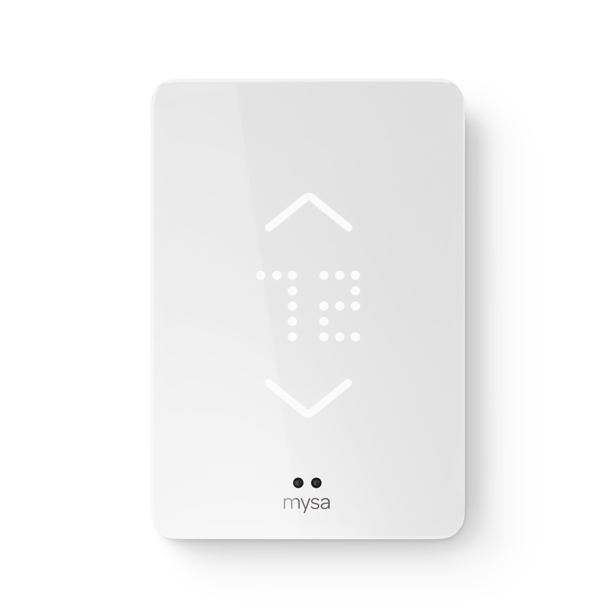 Mysa Smart Thermostat for electric baseboard heaters, white square unit with backlit LED touch display showing temperature, front-facing on white background