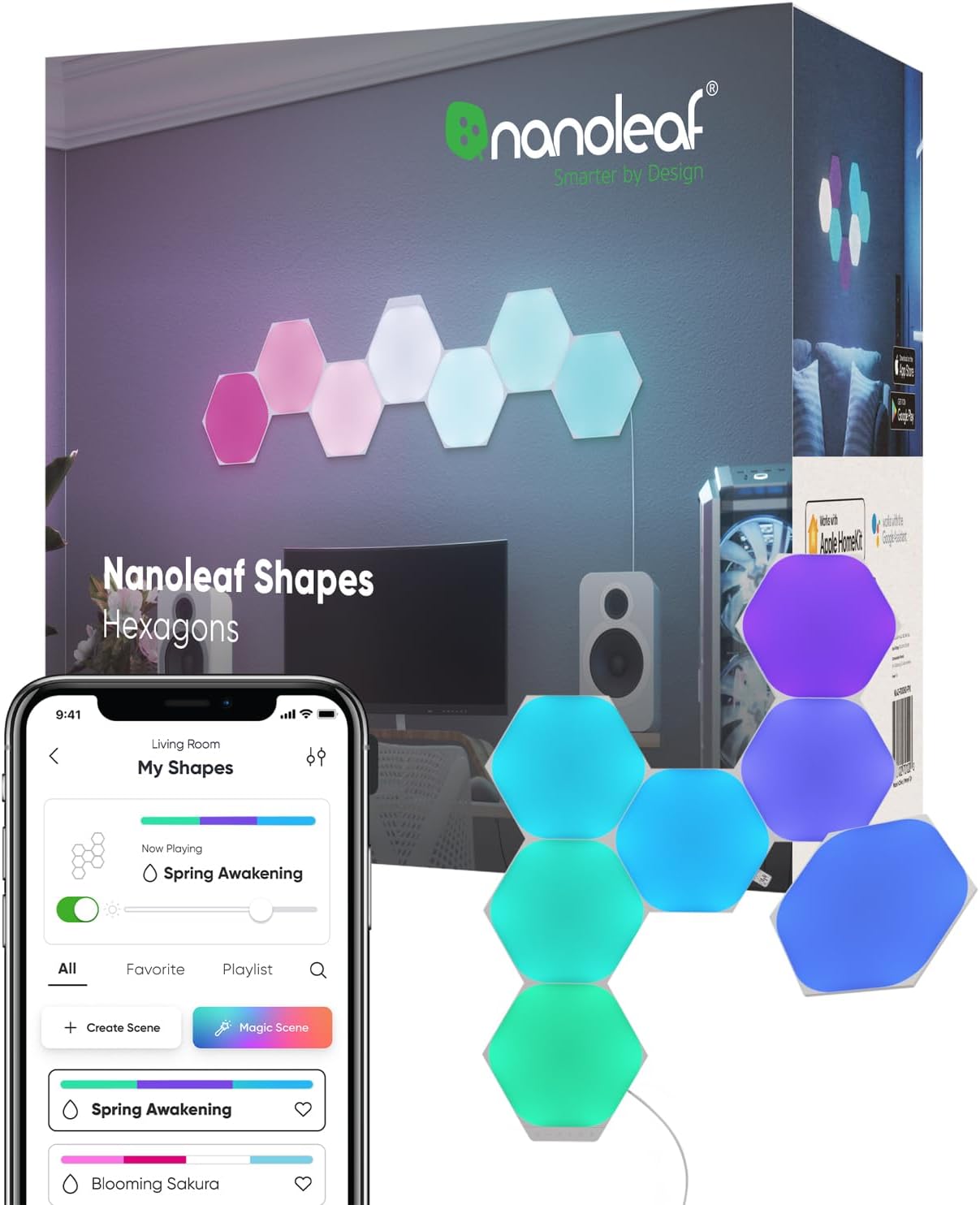 Nanoleaf Shapes Hexagons Smarter Kit with seven multicolor RGBW hexagon wall panels, retail box, and the Nanoleaf app on a phone