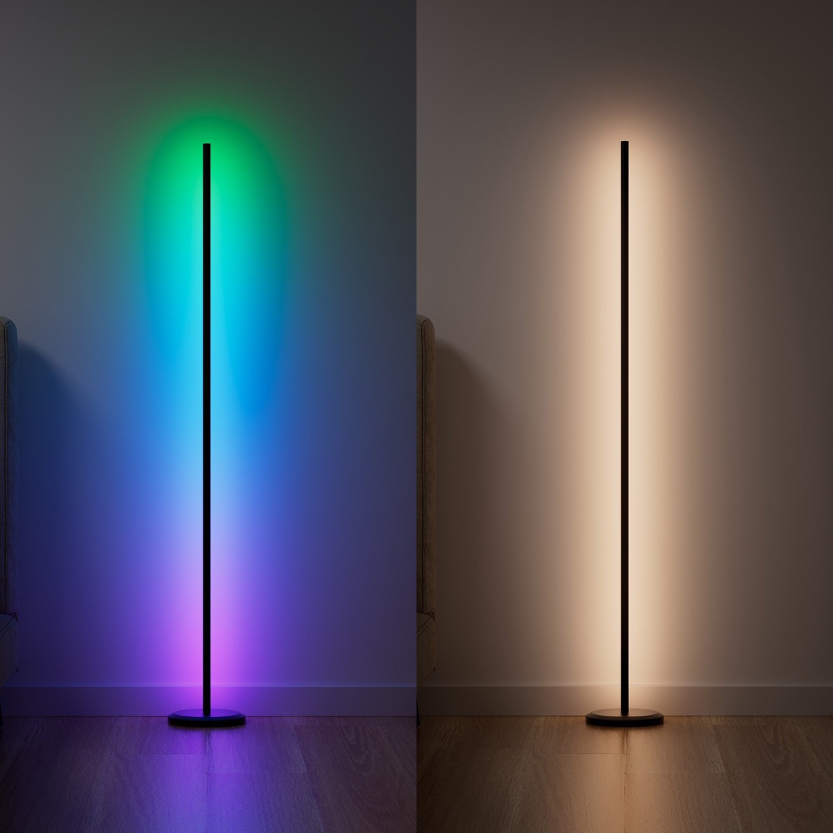 Nanoleaf Smart Multicolor Floor Lamp, a slim black corner bar shown glowing in RGB gradient and warm white
