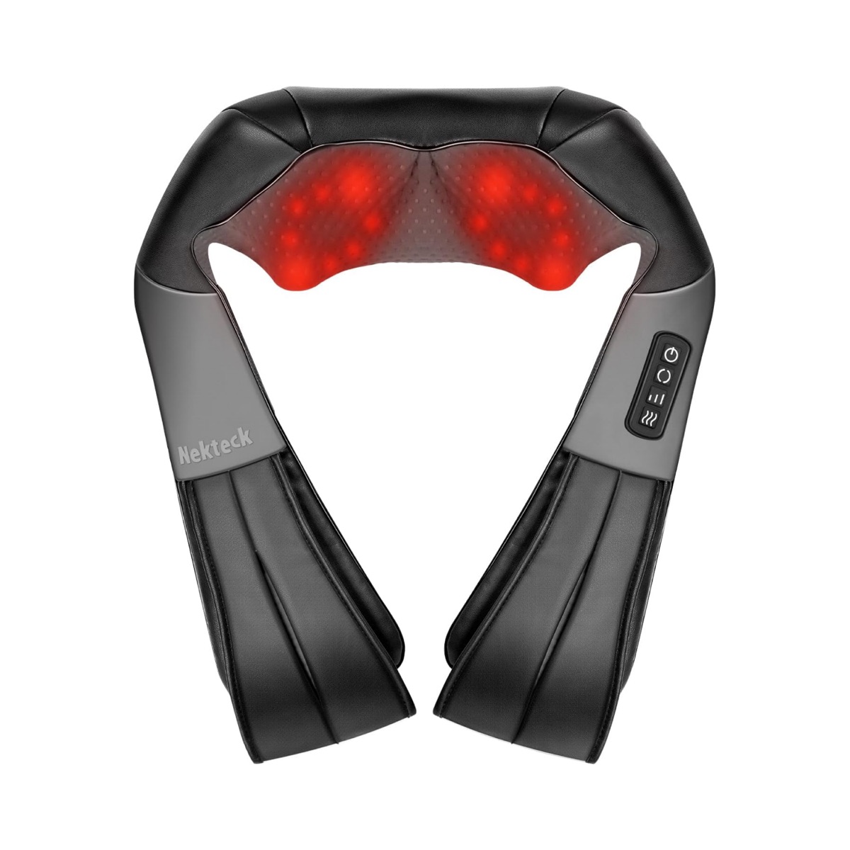 Nekteck Shiatsu neck and back massager in black with glowing red heated kneading nodes and inline control panel
