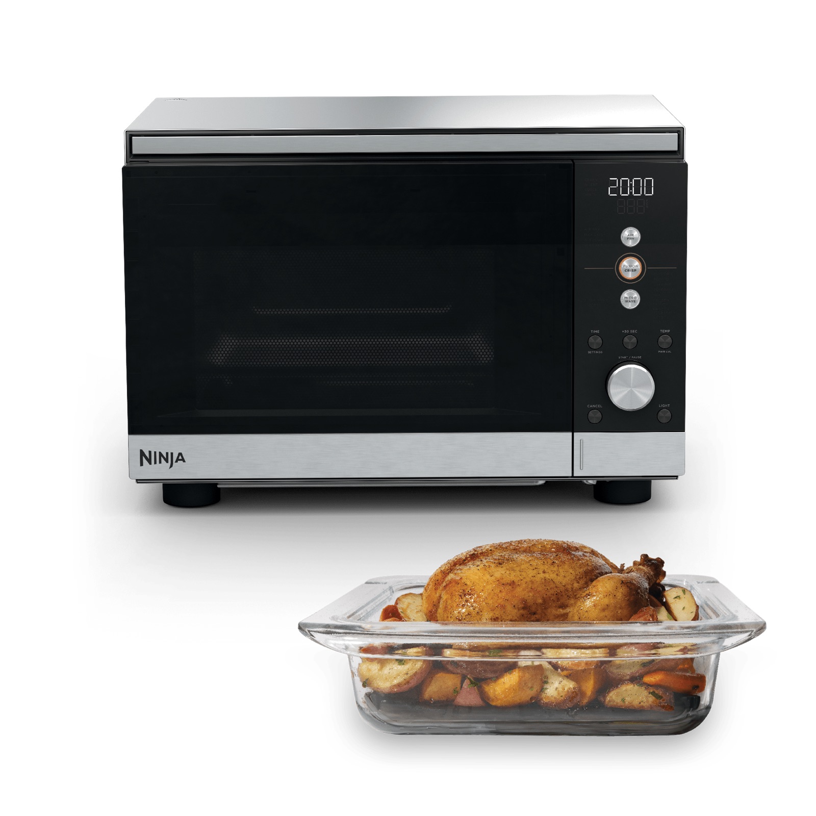 Ninja Crispi Microwave and Air Fryer MW101 in silver on a kitchen counter with a flatbed interior