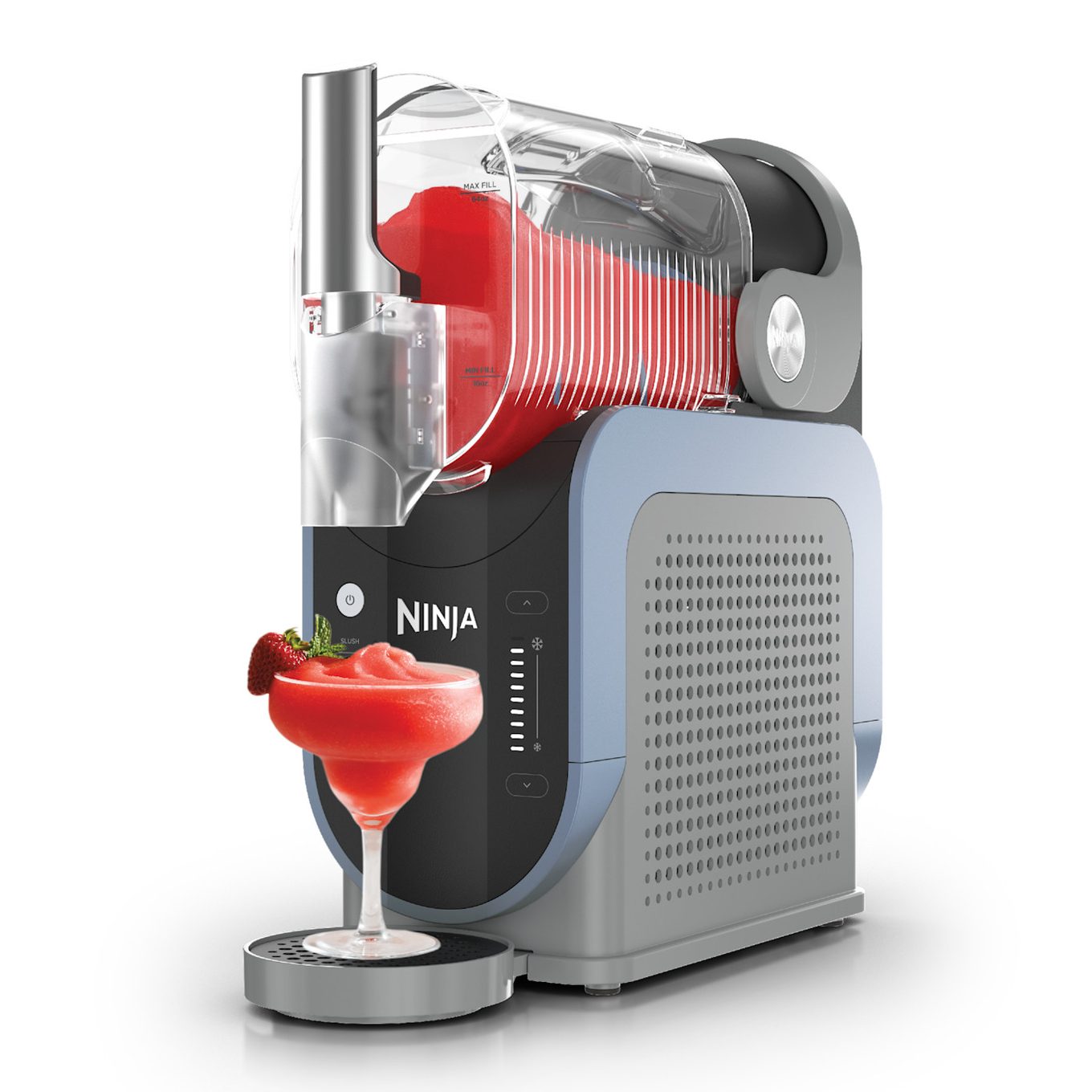 Ninja Slushi frozen drink maker with a red frozen strawberry margarita