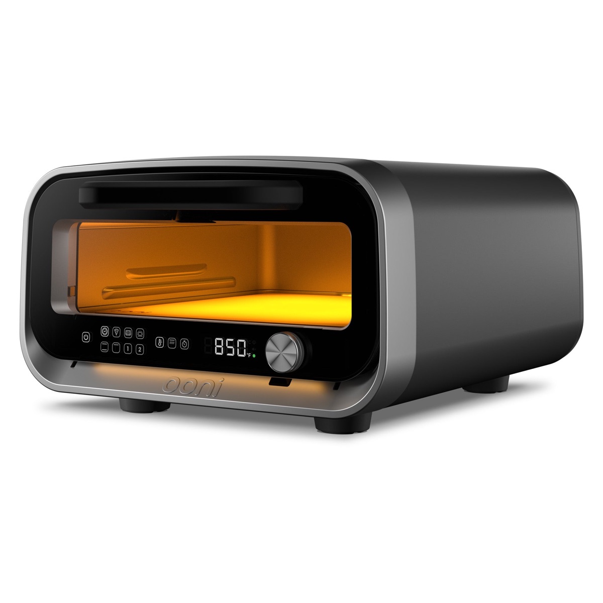 Ooni Volt 2 charcoal grey electric indoor pizza oven with illuminated interior and digital display reading 850°F