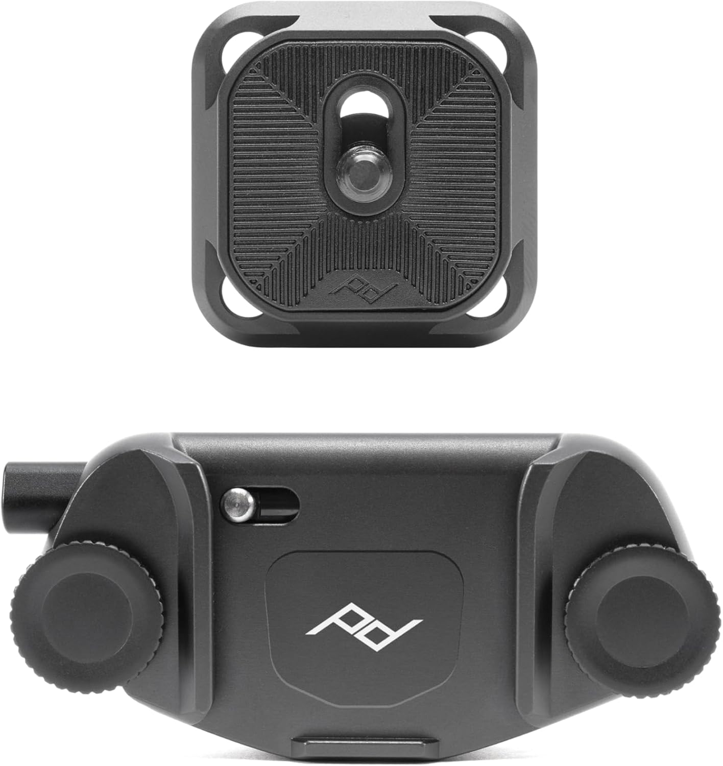 Peak Design Capture Camera Clip V3 black quick-release camera clip with mounting plate on white background