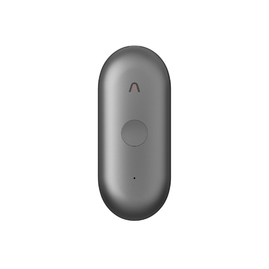 Plaud NotePin S grey pill-shaped wearable AI voice recorder with a central record button on a white background