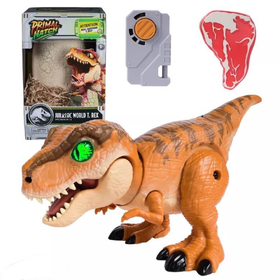 Primal Hatch Jurassic World interactive T. rex dinosaur emerging from its speckled hatching egg by Spin Master