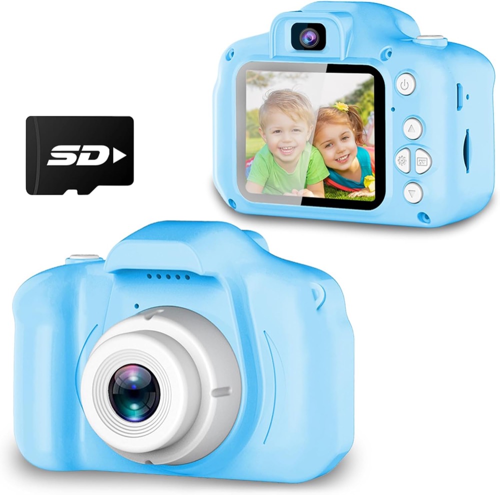 Seckton kids selfie camera in blue with shockproof rubber casing, large lens and color screen, a compact digital toy camera